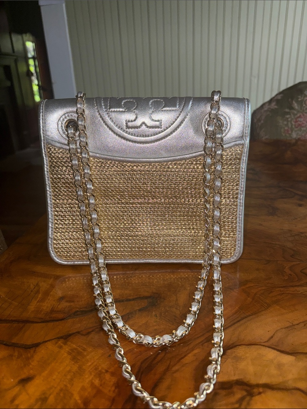 Tory Burch Silver & Natural Woven Chain-Handle Shoulder Bag
